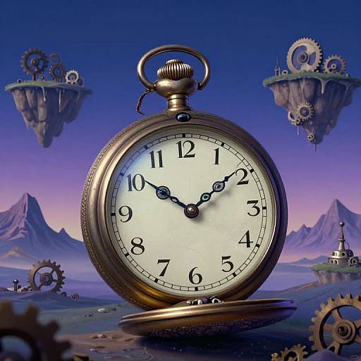 Steampunk-style digital artwork of an antique gold pocket watch with black hands, standing in a fantastical mountain landscape, featuring floating gear-filled islands and