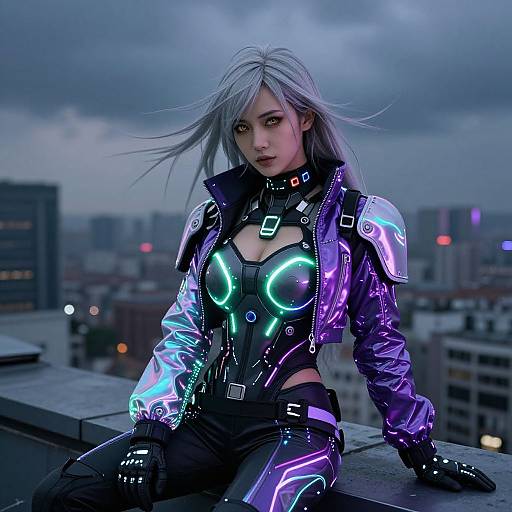 Digital artwork of a silver-haired woman in neon-purple and blue cyberpunk outfit with glowing accents, seated on rooftop at dusk.