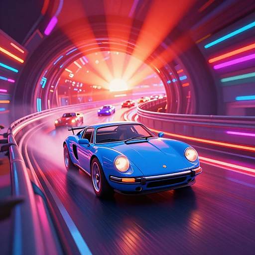 Neon-lit tunnel scene with a blue Porsche speeding forward, surrounded by colorful lights and trailing cars, creating a dynamic, vibrant atmosphere.