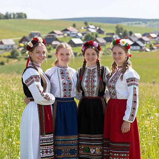 Photograph of three young women in traditional Eastern European folk dresses with embroidered patterns, flower crowns, standing in a sunny grassy field with village houses