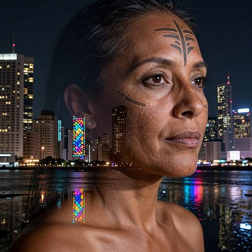Photograph of a dark-skinned woman with tribal forehead markings, wearing colorful geometric earrings, against a city night skyline reflected in water.