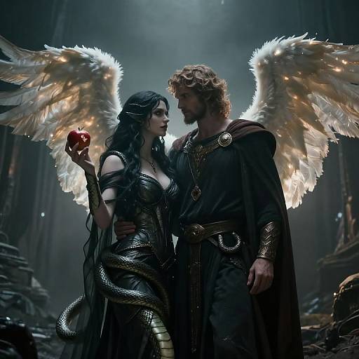 Digital fantasy artwork of a winged, dark-haired woman with snake-like tail holding a red apple, standing close to a bearded man in dark medieval