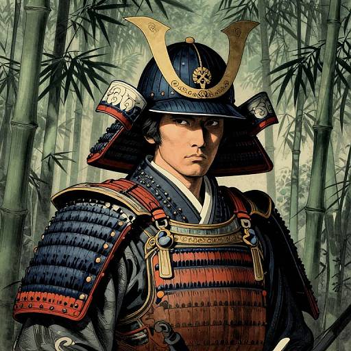 Digital art of a serious samurai in traditional armor with a dark helmet, standing in a bamboo forest. Detailed armor and intricate patterns highlight his strong,
