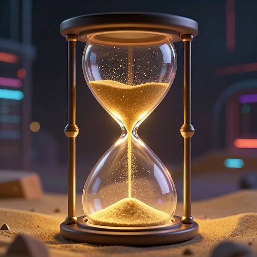 Photorealistic image of a glowing hourglass with golden sand, illuminated against a dark, futuristic background with colorful lights.