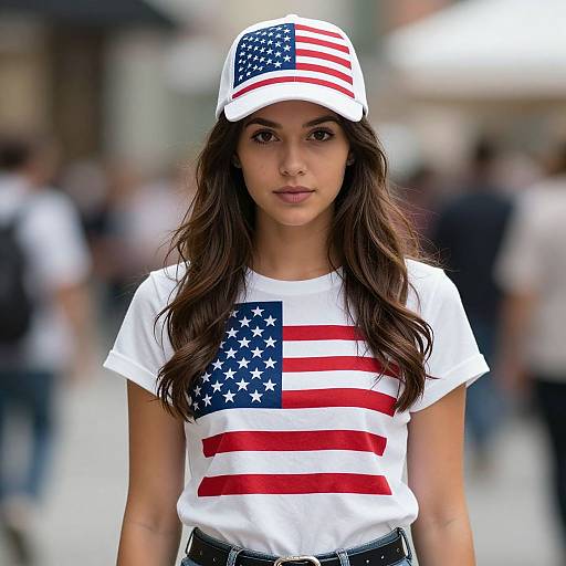 Photograph of a young woman with long brown hair, wearing a white baseball cap with an American flag design, a white t-shirt with an American flag