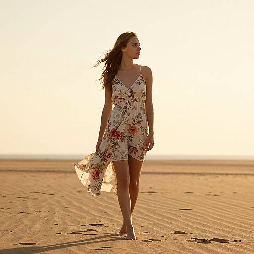 Photograph of a woman with long brown hair in a floral sundress, walking alone on a golden sandy beach at sunset.