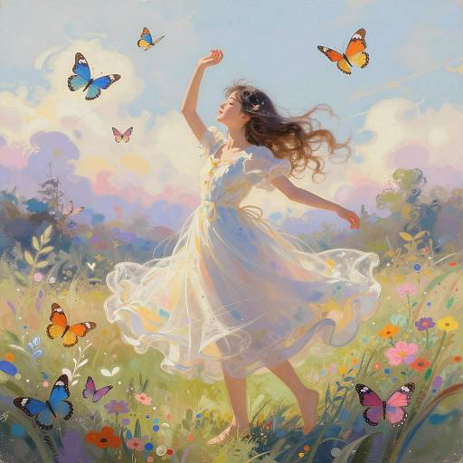 Young Woman Dancing with Butterflies in Ethereal Landscape