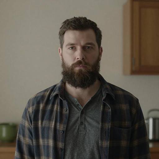 Serious Bearded Man in Plaid Shirt