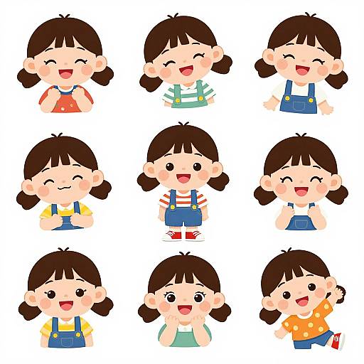 Cartoon image of nine smiling Asian girls with dark hair, wearing various colorful clothes, arranged in a 3x3 grid.