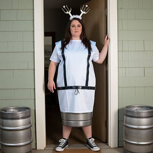 Photograph of a woman with long dark hair, wearing a white dress with black suspenders, black Converse shoes, and white antler headband