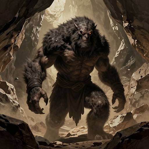 Digital illustration of a muscular, black-furred werewolf with glowing red eyes, standing menacingly in a rocky, cavernous background.