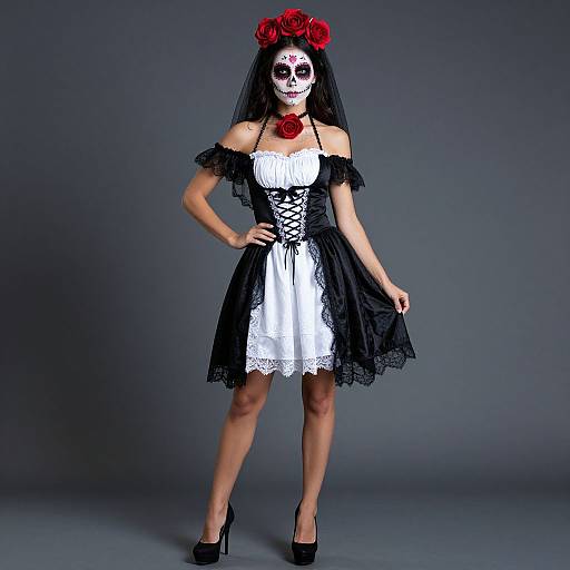 Photograph of a woman in black and white lace dress, red rose headpiece, face paint, black heels, gray background.