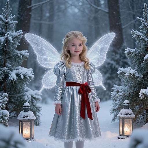 Photograph of a blonde girl with glowing white fairy wings, silver dress, red ribbon, standing in a snowy forest with lanterns.