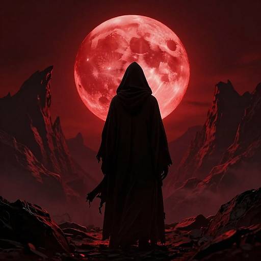 Silhouetted figure in hooded cloak facing large red full moon, surrounded by dark, jagged mountains. Digital art with dramatic red and black
