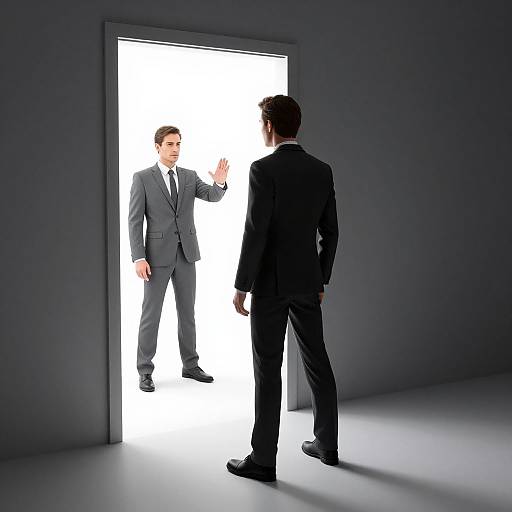 Man Facing Mirrored Luminous Doorway