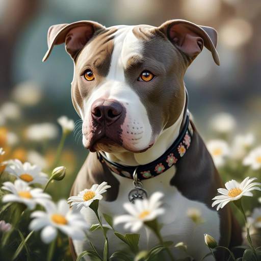 Realistic Pitbull Among White Flowers