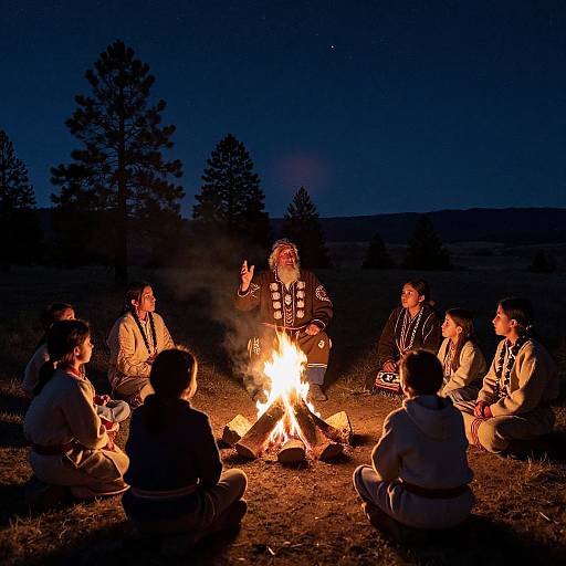 Photograph of a group of nine people sitting around a campfire at night, wearing warm clothing, with tall pine trees in the background.