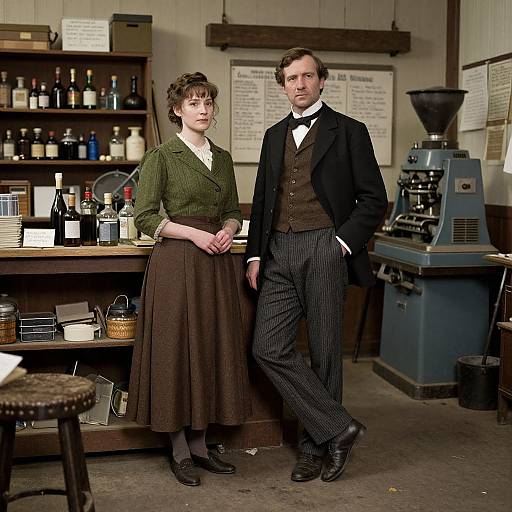 Photograph of a 19th-century café with a woman in green blouse and brown skirt, and a man in black vest and striped pants, standing