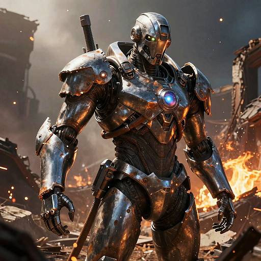 Photorealistic CGI of a shiny, metallic, robotic warrior with glowing blue chest light, standing in a fiery, war-torn cityscape.