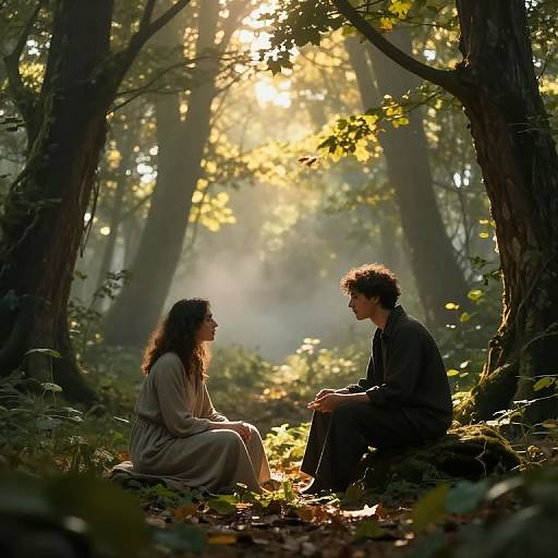 Photograph of a romantic forest scene with sunlight filtering through trees, silhouetting a curly-haired man and woman in loose clothing, sitting on forest floor
