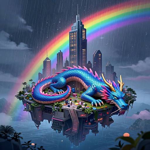Digital art: A vibrant blue, rainbow-scaled dragon sleeps on a floating city with skyscrapers, surrounded by a rainbow in a rainy night sky