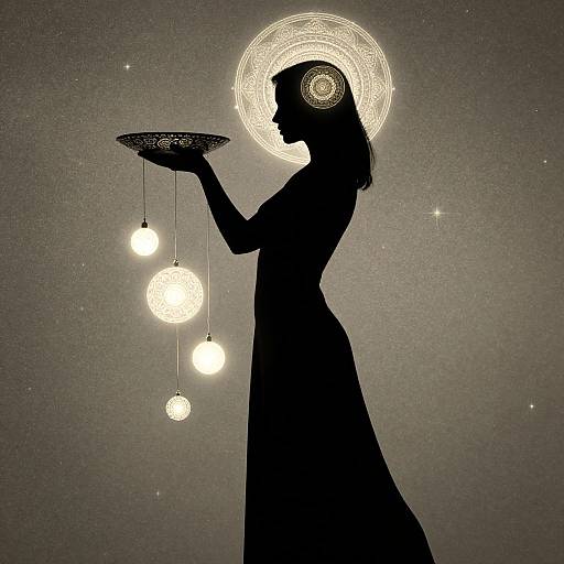 Silhouetted woman with halo-like light circle, holding tray with glowing orbs, wearing long dress, against dark, textured background.
