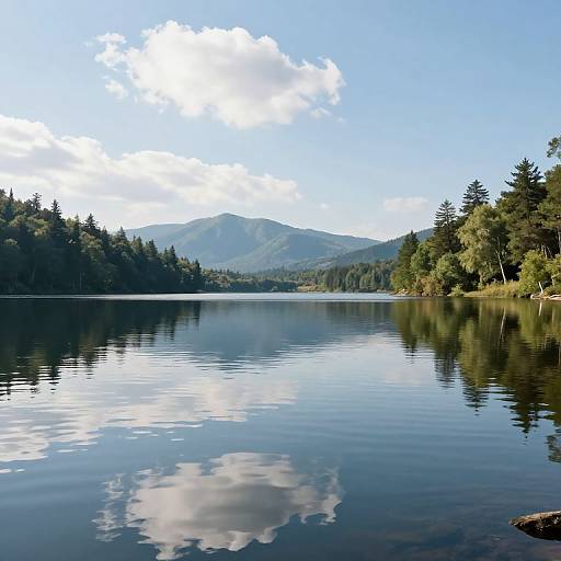Photograph of a calm lake reflecting a white cloud and surrounded by green trees, with distant mountains under a clear blue sky.
