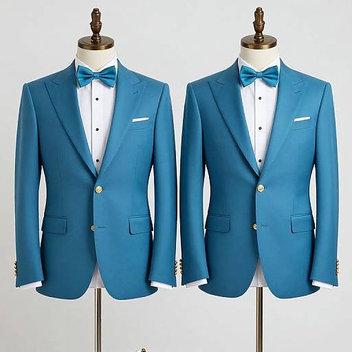Photograph of two identical blue blazers with turquoise bow ties, white dress shirts, and gold buttons, displayed on mannequins.