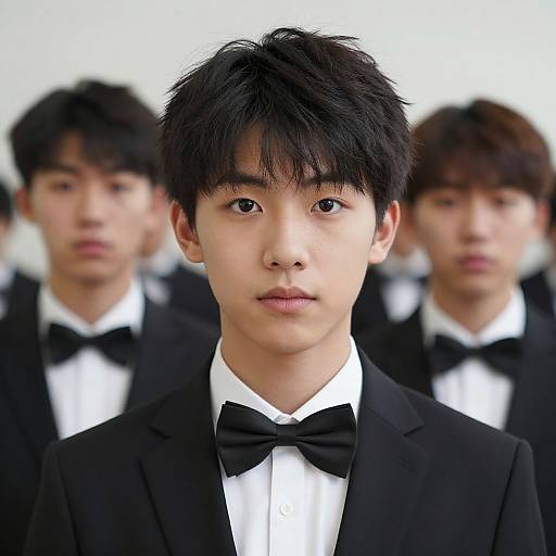 Photograph of three young Asian men with black hair, wearing black tuxedos and bow ties, standing in a row, slightly out of focus