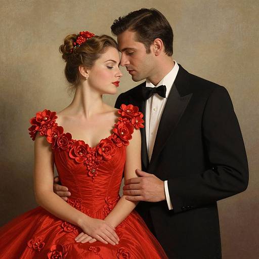 Photograph of a romantic couple; woman in a red, rose-adorned gown, black tuxedo man, tenderly gazing, against