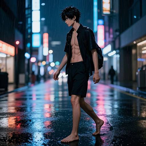 Barefoot Anime Boy in Neon Rain