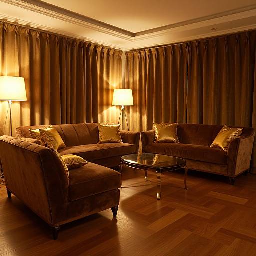 Warm, elegant living room with brown velvet sofas, gold pillows, glass coffee table, and two lit floor lamps against brown curtains.
