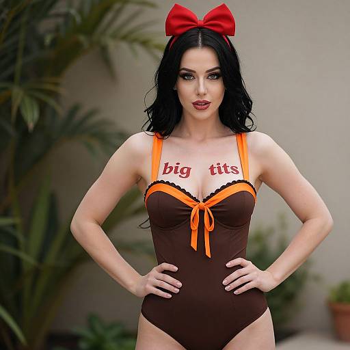 Photograph of a pale-skinned woman with black hair, wearing a brown and orange lingerie top with 