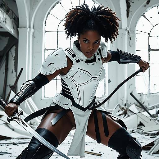 Black Woman in Futuristic Battle Armor with Sword and Whip