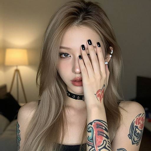 Photograph of a pale-skinned, tattooed woman with long brown hair, black nail polish, wearing a black choker, covering her face with