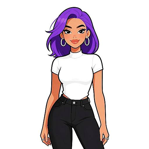 Digital illustration of a confident woman with vibrant purple hair, wearing a white t-shirt and black high-waisted jeans, large hoop earrings, and a
