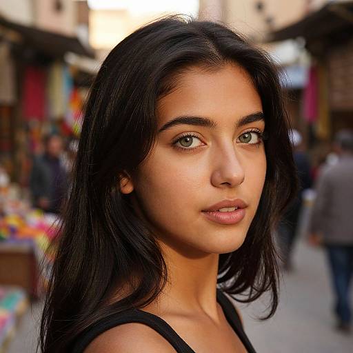 Photograph of a young woman with long, black hair, green eyes, and light skin, standing in a bustling street market. Blurred colorful stalls