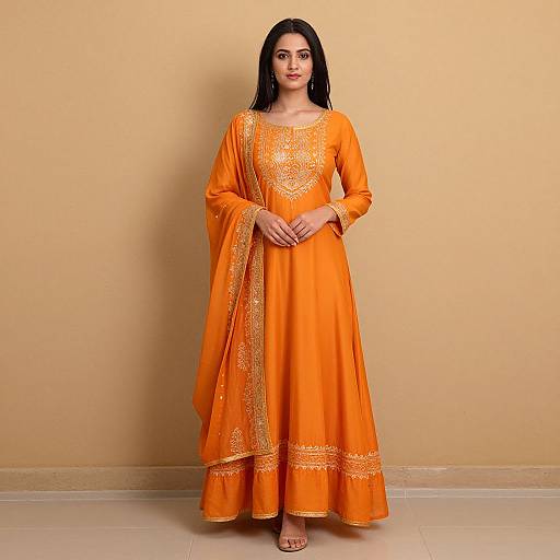 Photograph of a young woman with long black hair, wearing an orange traditional Punjabi kurti with gold embroidery, standing against a beige wall.