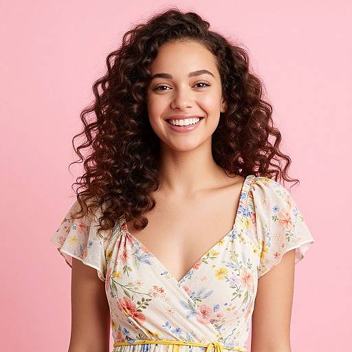 Photograph of a smiling young woman with curly dark brown hair, wearing a floral white V-neck dress, against a pink background.