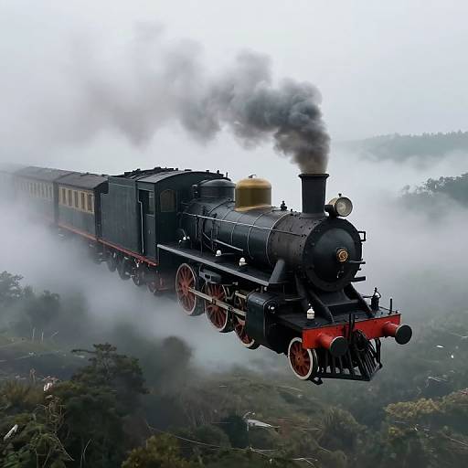 Photograph of a vintage black steam locomotive with red wheels, emitting thick smoke, flying through misty, lush green countryside.