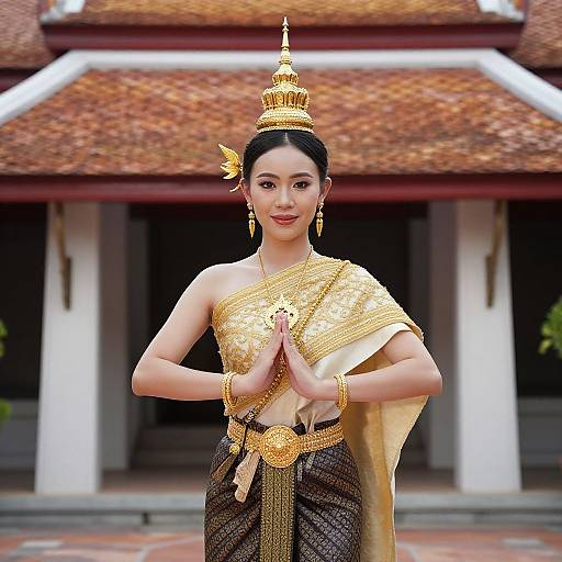 Photograph of an elegant Thai woman in traditional golden attire, with a golden headdress, standing with hands in prayer, in front of a red-t