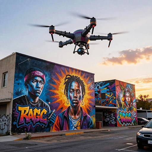 Photograph of a drone flying above a graffiti-covered building with vibrant portraits of two African-American men, 