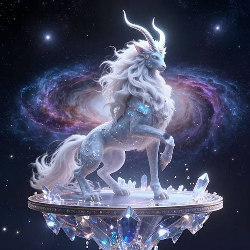 Digital art of a glowing, white, mythical unicorn with flowing mane and horns, standing on a crystal platform amidst a galaxy background.
