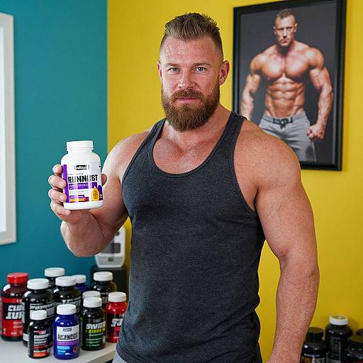 Photograph of muscular bearded man in black tank top holding protein powder bottle, standing in gym with yellow wall, abs photo, and supplement bottles.