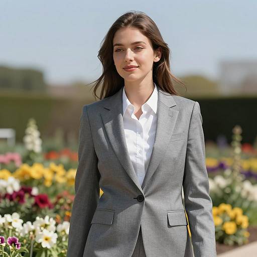 Young Woman in Gray Blazer in Flower Garden