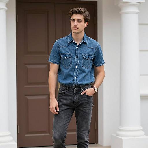 Young Man in Denim Shirt and Charcoal Jeans