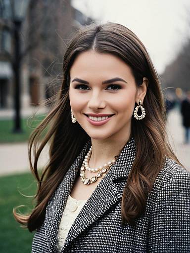 Smiling Young Woman in Elegant Jewelry and Coat Outdoors