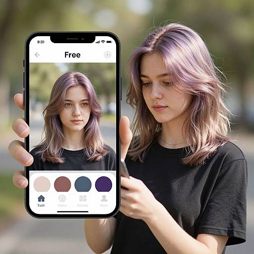 Photograph of a young woman with wavy, purple-brown hair, wearing a black t-shirt, holding a smartphone displaying a 