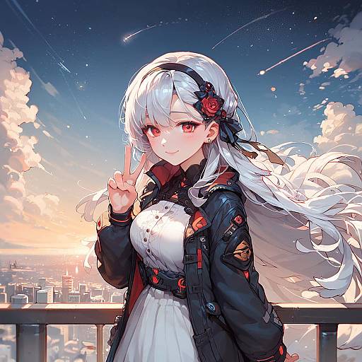 Grey-Haired Girl on Futuristic Railing at Dawn