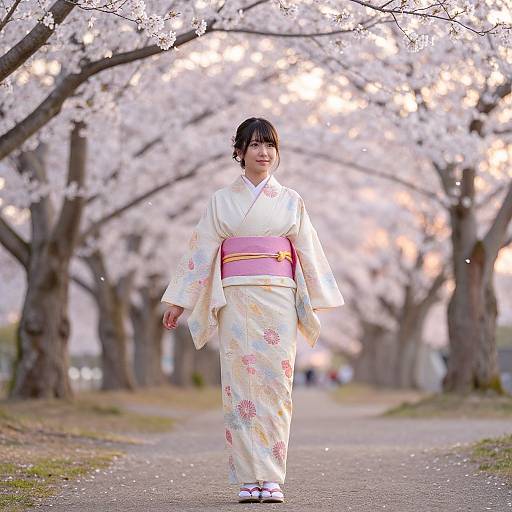 Photograph of a smiling Japanese woman in a white floral kimono with pink obi walking along a cherry blossom-lined path.